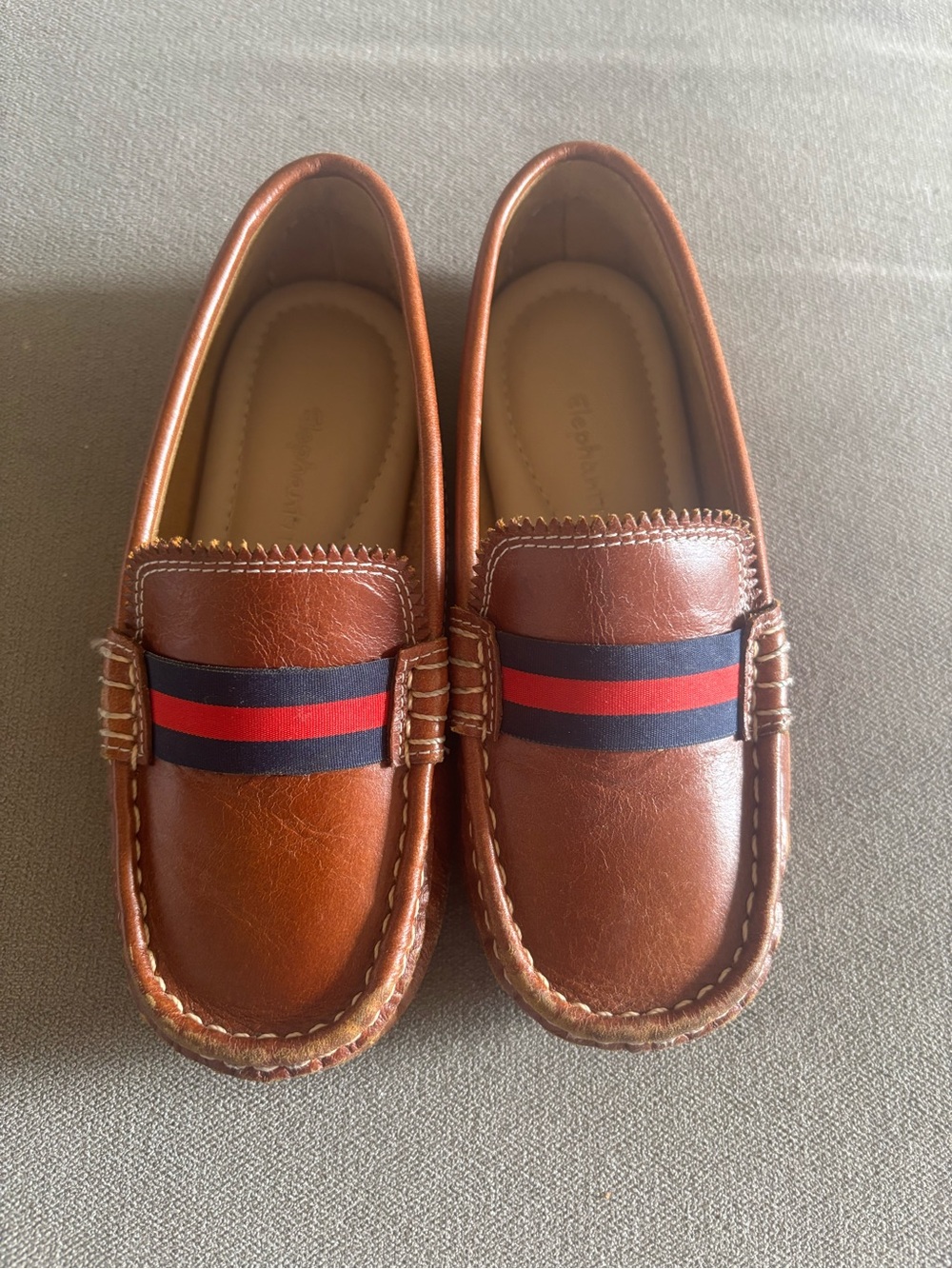 Elephantito Tan/Brown Leather Slip-On Loafers with Navy & Red Stripe boys 13